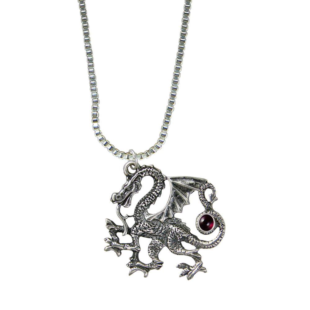 Sterling Silver Large Fighting Dragon Pendant With Garnet